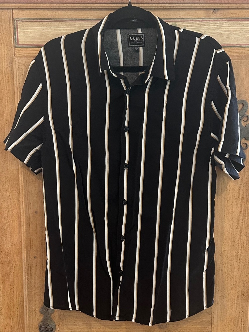 Men's - GUESS - Black/Khak/White Striped Button Up Short Sleeve Shirt - Size M
